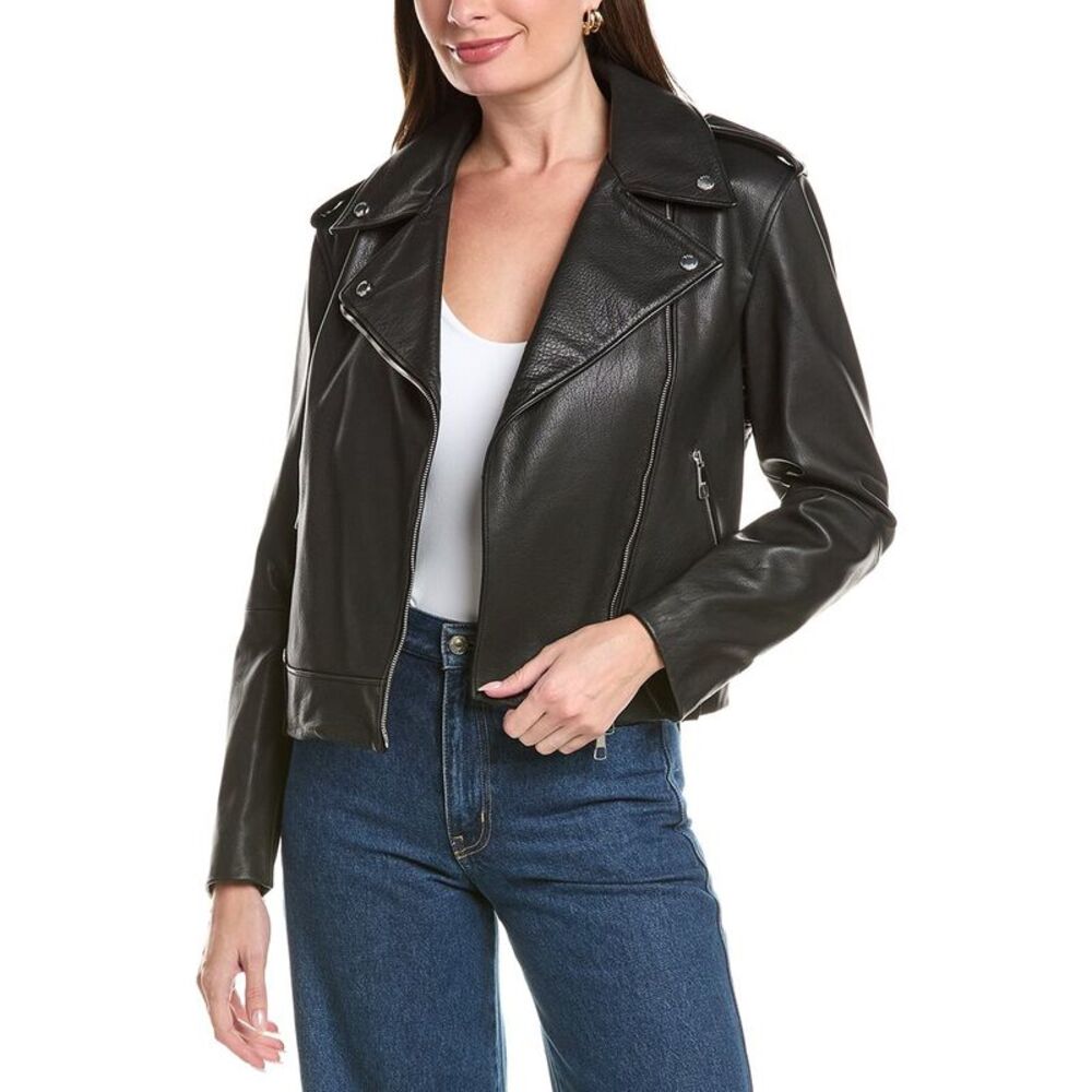 Hugo Boss Womens  Sandy Leather Moto Jacket, Black